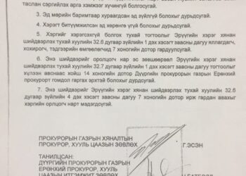 Д.ЦОГТБААТАР САЙДЫН ТУСЛАХ Ц.ЧИНГАРЬД ҮЕЭЛЭЭСЭЭ 350 МЯНГАН ДОЛЛАР ЗАЛИЛСАН ХЭРГЭЭР ШҮҮХЭД ДУУДАГДЖЭЭ